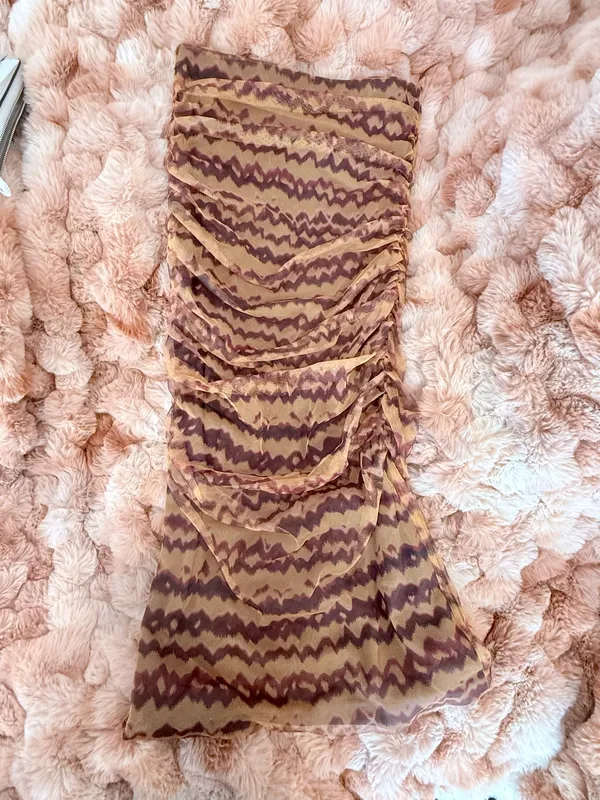 Zara Printed Brown and Orange Tulle Midi Length Fitted Ruche Skirt - Image 6