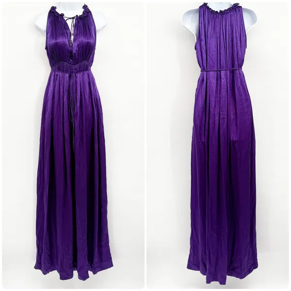 Blessed and Lucky Womens Purple 100% Silk Pleated Halter Maxi Prom Gown Dress XS - Image 2