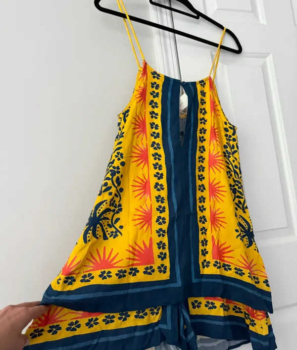 Farm Rio Sunshine Tie Neck Layered Romper, Size L - Image 9