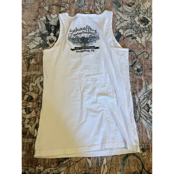 Harley Davidson White Tank Rhinestone Front Blue Trim Women's Small Schaefers PA - Image 8