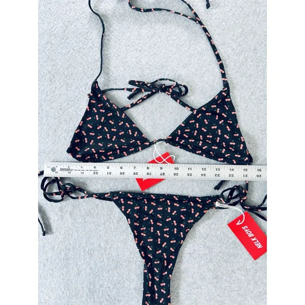 Full Send Cherry Print Bikini Triangle Top Tie String Swimsuit Black Medium New! - Image 5
