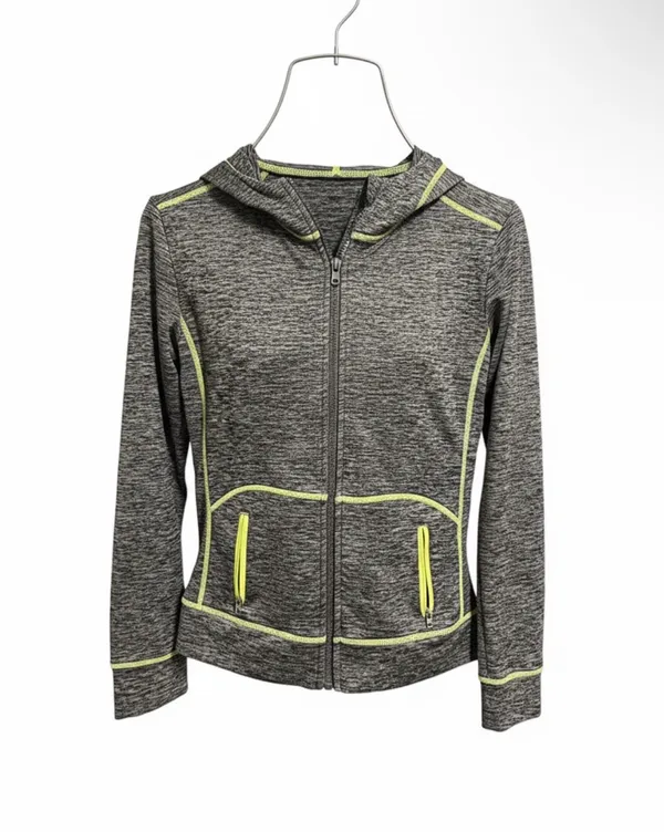 Heather Gray Zip-Up Hoodie with Neon Yellow Trim - Image 2
