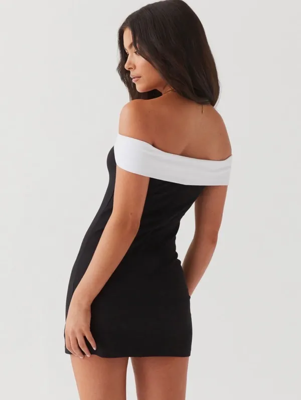 Peppermayo Black and White Diamonds and Pearls Off Shoulder Mini Dress - Image 2
