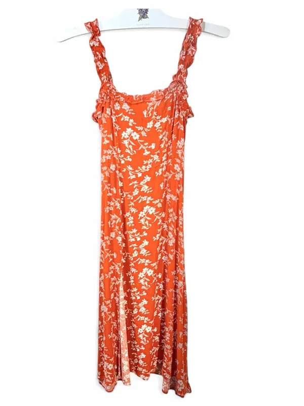 LULUS Women’s Garden Date Red Orange Floral Print Ruffle Midi Dress size XXS - Image 4