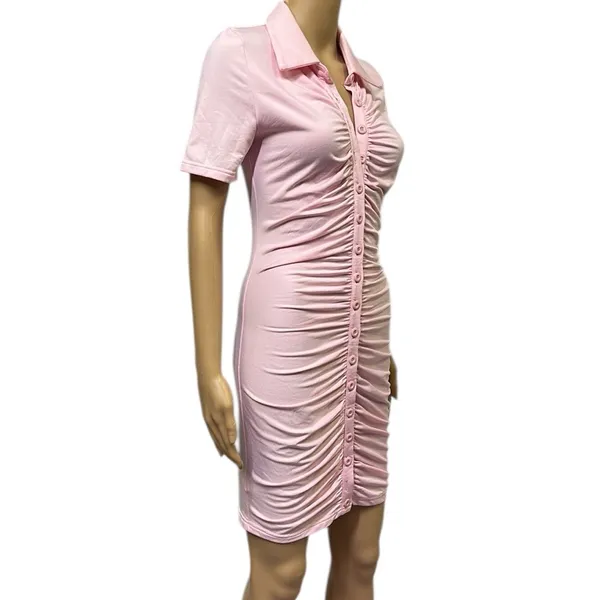 Source Unknown Pink Ruched Bodycon Full Button Front Short Sleeve Mini Dress Womens Small - Image 4