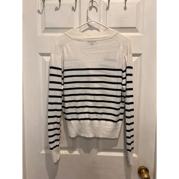 J.Crew Womens Large White Navy Blue Striped Cotton Viscose‎ Cardigan Sweater L - Image 5