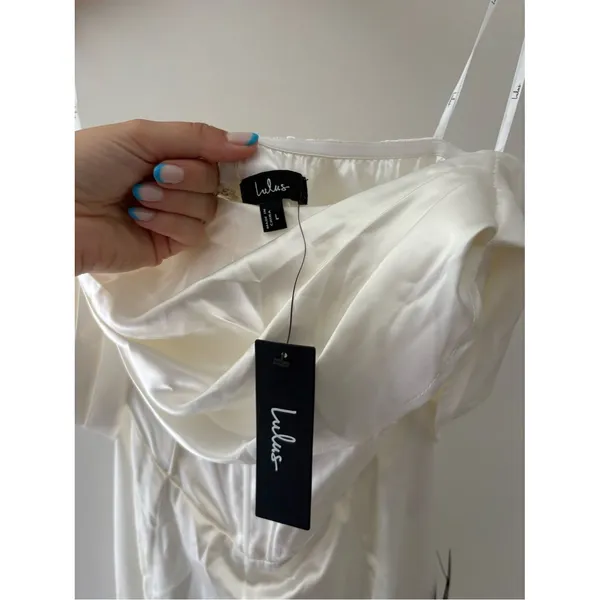 Lulus Unbelievable Aura White Satin Off-the-Shoulder Jumpsuit Size Large Bridal - Image 6