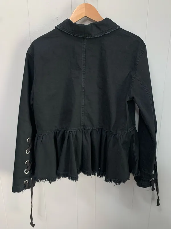 Free People Willow Black Denim Jacket Peplum Raw Hem Lace Up Cuff Military Medium - Image 4