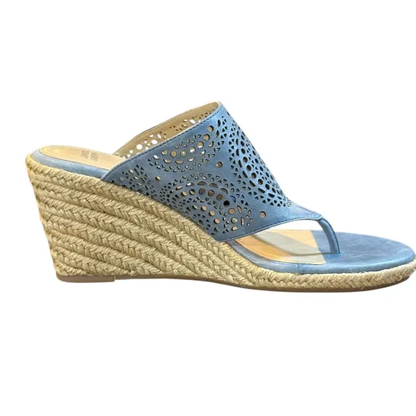 Johnston & Murphy Wedge Sandals Womens 8 Blue Laser Cut Espadrille‎ Thong Mules - Image 2