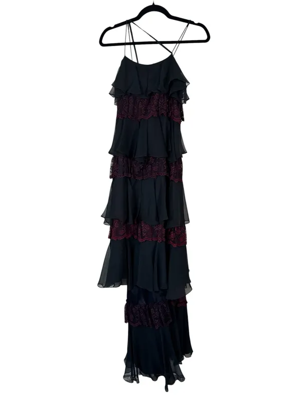 Vintage 90s Black Burgundy Lace Tiered Maxi Dress Womens S Whimsigoth Witchy - Image 2