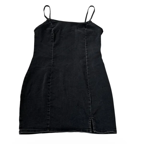 H&M Divided Womens Black Denim Bodycon Mini Dress Size Large Side Zip | 0083 - Image 3