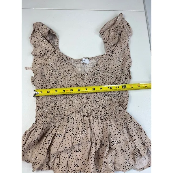 Japna‎ Ruffled Sleeve Smocked Peplum Top, Beige and Black Polka Dot, Square Neck - Image 3