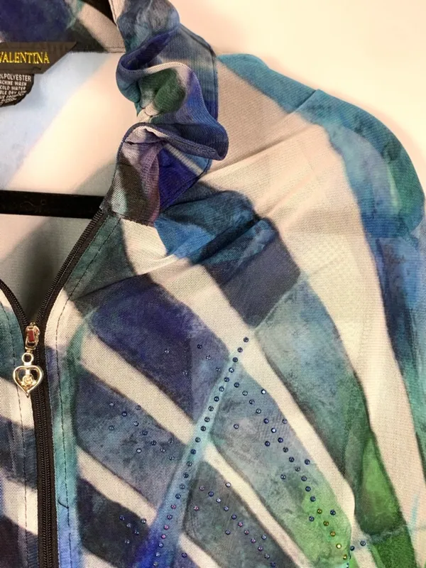 Valentina Womens XL Mesh Jacket Blue Green Tropical Print Sheer Lightweight - Image 4
