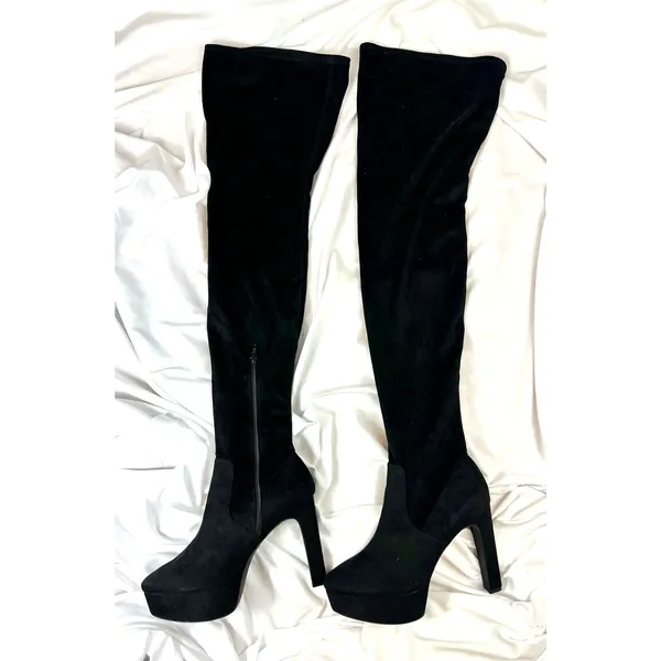 H & M Thigh High Platform Boots Stretch Faux Suede Black 10 - Image 8