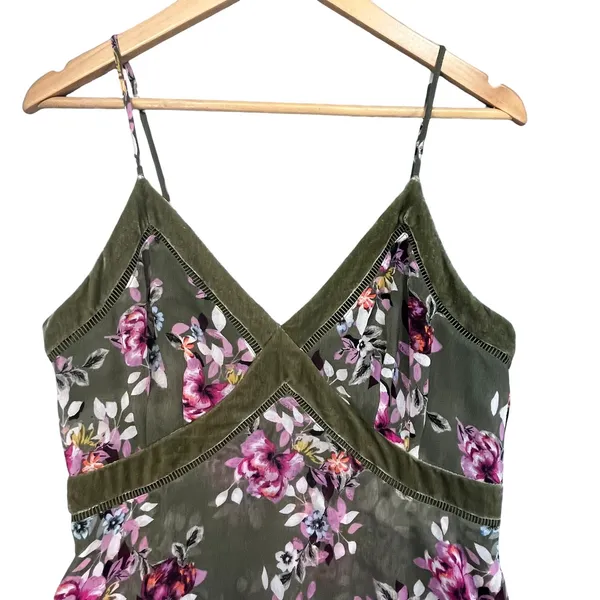 White House Black Market Olive Green Floral‎ Handkerchief Hem Midi Dress Size 8 - Image 3