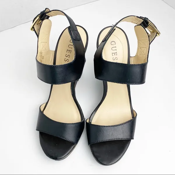 GUESS Jasminn Leather Upper Black Open Toe Wedge Sandals 8.5 Wedding Brunch - Image 5