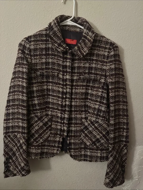 Textured Plaid Tweed Blazer Jacket in Black and Cream - Image 7
