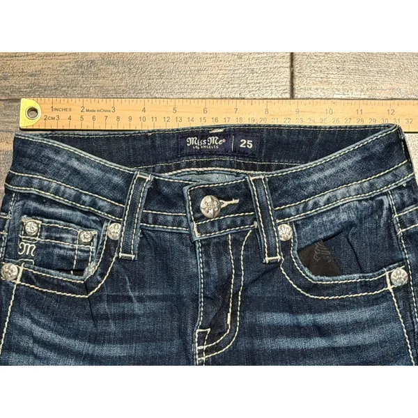 Miss Me Mid-Rise Bootcut Jeans Dark Wash Embellished Cross Wings Y2K BKE 25x28 - Image 7