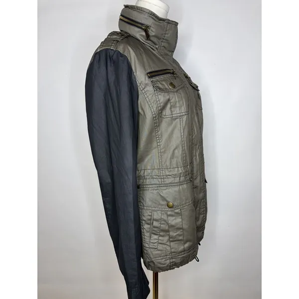 Michael Kors Women Olive Green Black Mixed Media Utility Jacket Small Brass Zip - Image 5