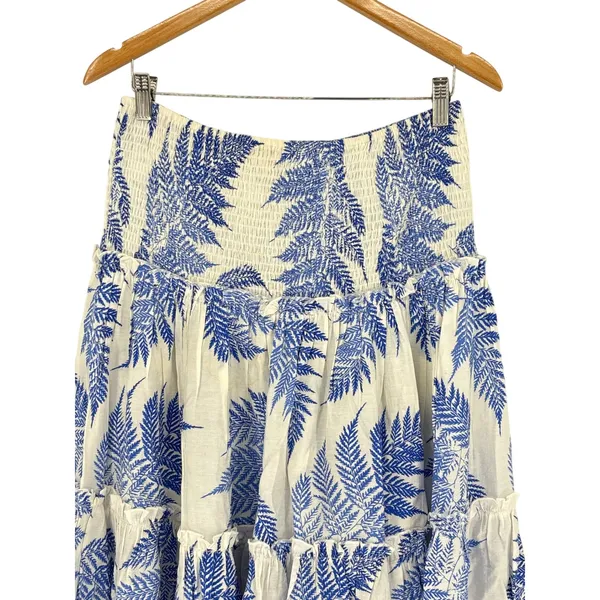 ee:some Blue White Botanical Fern Print Tiered Ruffle Maxi Skirt Dress‎ Smocked - Image 5