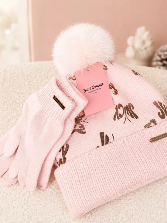 Juicy Couture Kids Pink Pom Pom Beanie & Gloves Set Fits Adults NWT - Image 2