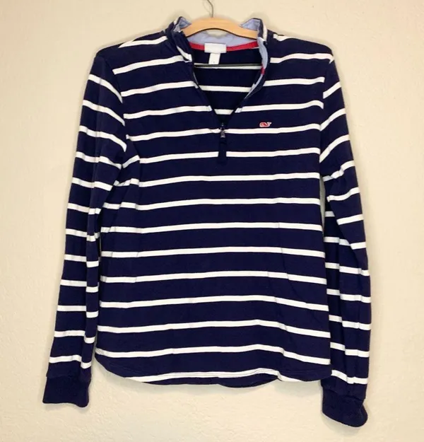 Vineyard Vines Navy Blue and White Stipe Quarter Zip Pullover Sweater Size S - Image 4