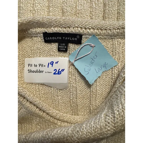 Carolyn Taylor Cream Ribbed Knit Sweater Womens Large Raglan Sleeve Pocket - Image 2