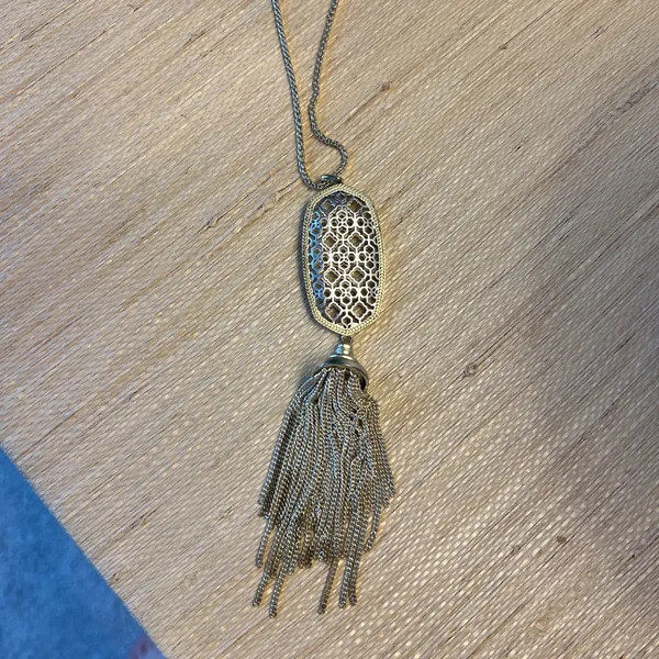 Kendra Scott Rayne Two Tone Gold and Silver Filigree Long Pendant Necklace - Image 4