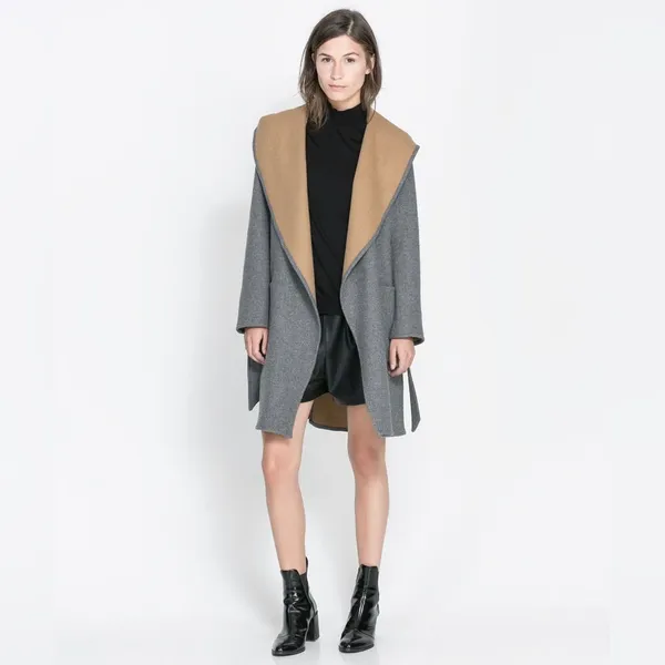 Zara Wool Blend Camel Gray Wraparound Hooded Coat MEDIUM - Image 3