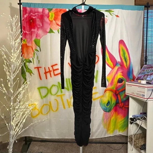 S320. AFRM. Cruz Rhinestone Long Sleeve Mesh Midi Dress - Image 2