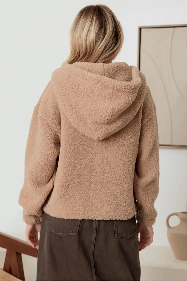 VICI teddy button front pocketed hoodie mocha  - Image 4