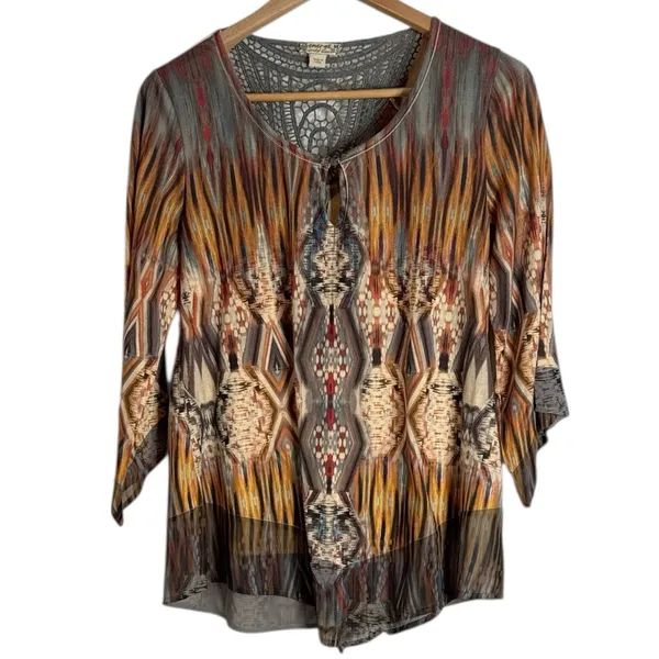 Energe World Wear Multicolor Abstract Boho Pattern Ethnic Tunic Lace Detail sz M - Image 2