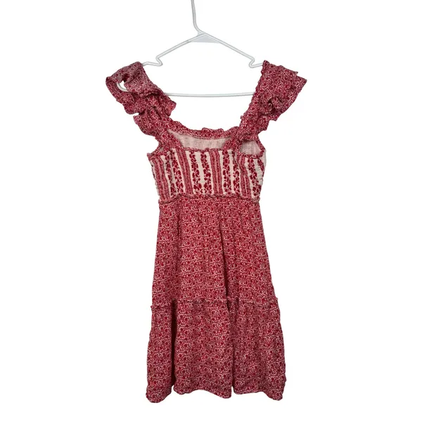 Sim & Sam Mini‎ Dress Womens XS Red Floral Ruffle Smocked Tiered Boho Babydoll - Image 6