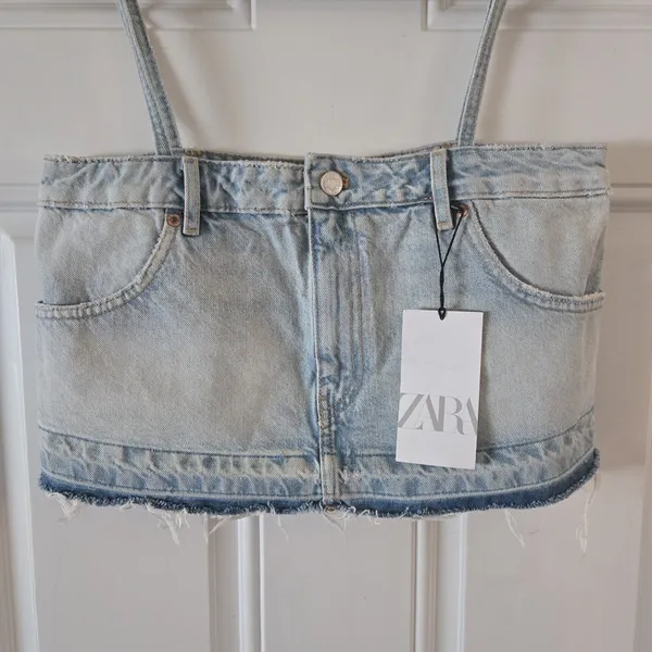 ZARA NWT Denim Crop Tank Top Womens S Spaghetti Strap Raw Hem Y2K Grunge - Image 3