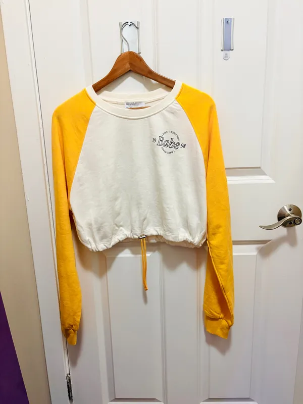 Bershka Yellow White Raglan Long Sleeve Crop Sweatshirt Drawstring Hem - Image 8