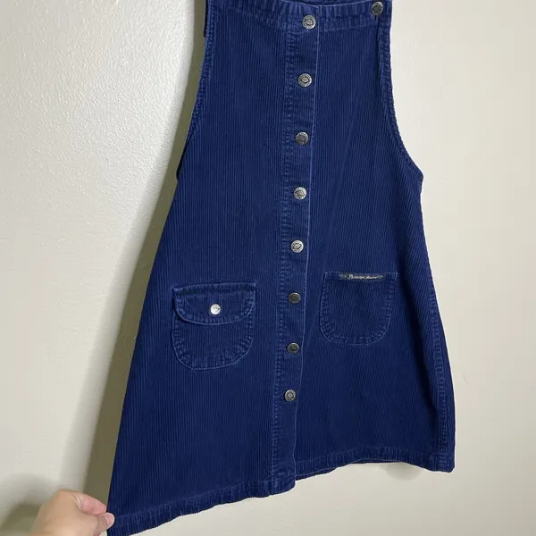 Women's Overall Dress Corduroy Ribbed Vtg 90s Grunge Navy Preppy M - Image 4