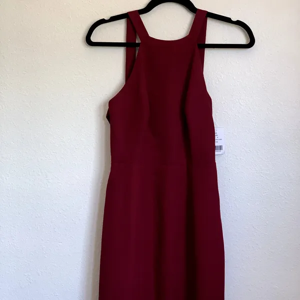 NWT Dessy Collection High Neck Backless‎ Crepe Trumpet Gown in Burgundy 3039 - Image 5