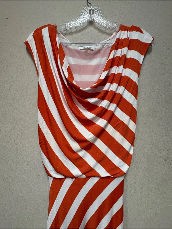 Calvin Klein Orange White Striped Maxi Dress L Cowl Neck Coastal Resort - Image 5