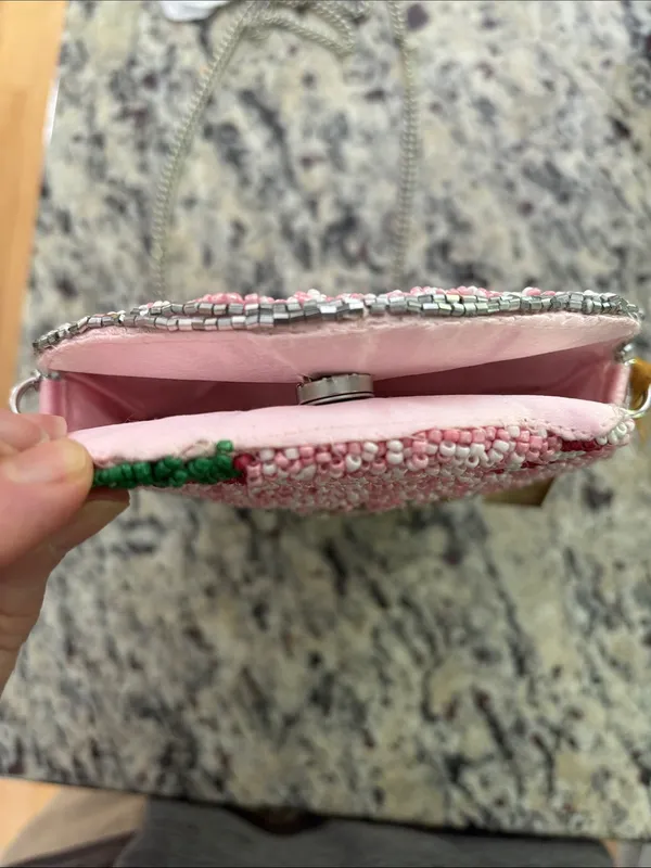 Made in India Beaded Pink and Silver Strawberry Milkshake Crossbody Bag - Image 10