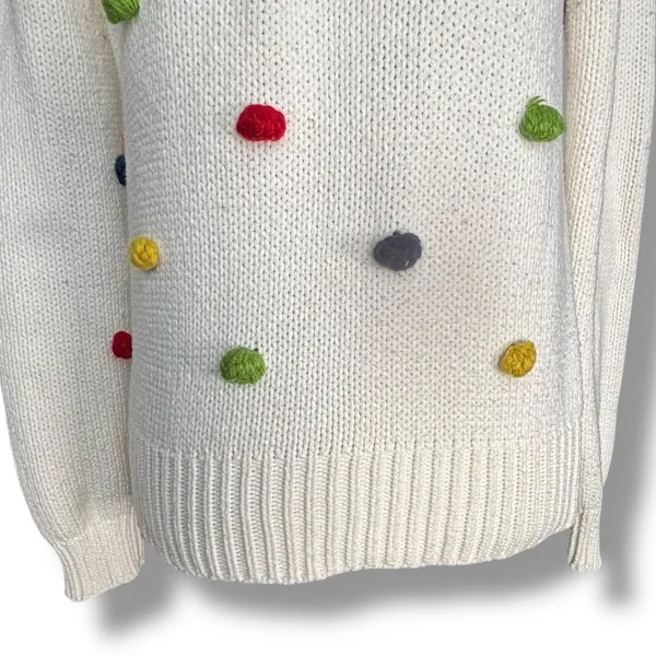 ModCloth White Knit Sweater Multicolor Rainbow Pom Poms Polka Dot Crewneck‎ - Image 3