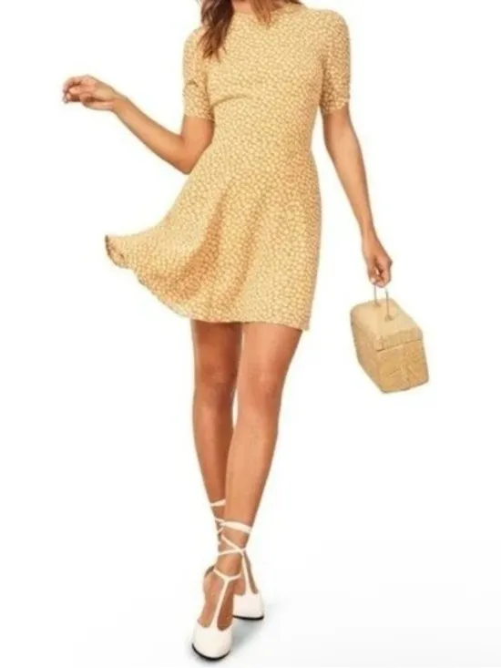 Reformation Gracie Short Sleeve Floral Print Crepe Mini Dress In Peru Yellow 12‎ - Image 15