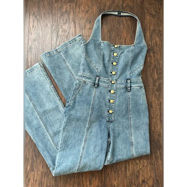 Alice + Olivia Pennie halter denim bootcut jumpsuit 29 - Image 7
