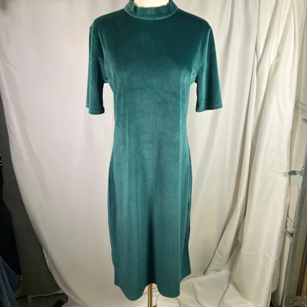 ModCloth Corduroy Ribbed Green Bodycon‎ Midi Dress Mock Neck Women's Size L - Image 14