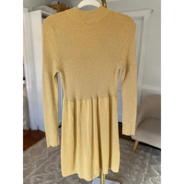 Free People Metallic Ribbed Knit Dress‎ Long Sleeve Gold Quiet Luxury M Parisian - Image 3
