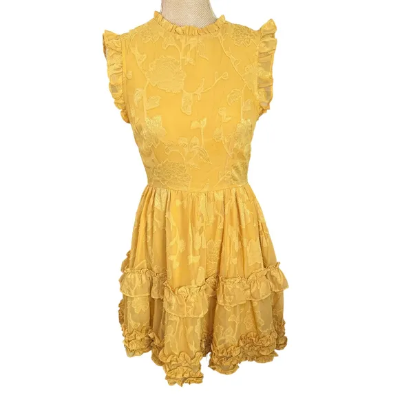 Lulus Women's‎ XS Yellow Floral Ruffle Sleeveless Mini Dress - Image 2