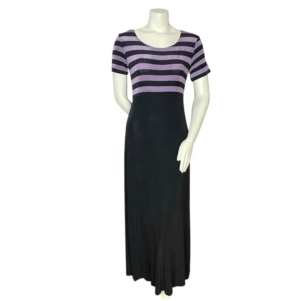 Vintage Slinky Dress 90s Stripes Empire Waist Short Sleeves Stretchy Maxi Retro - Image 15