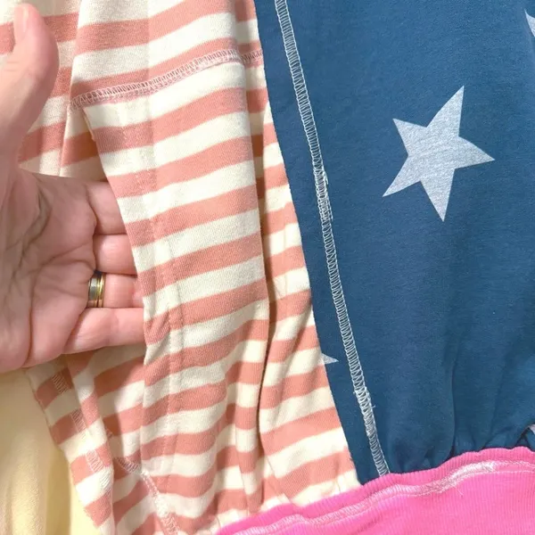 BIBI‎ Patchwork Pullover Sweatshirt Blue Pink Stars Stripes Boho Womens Large - Image 4