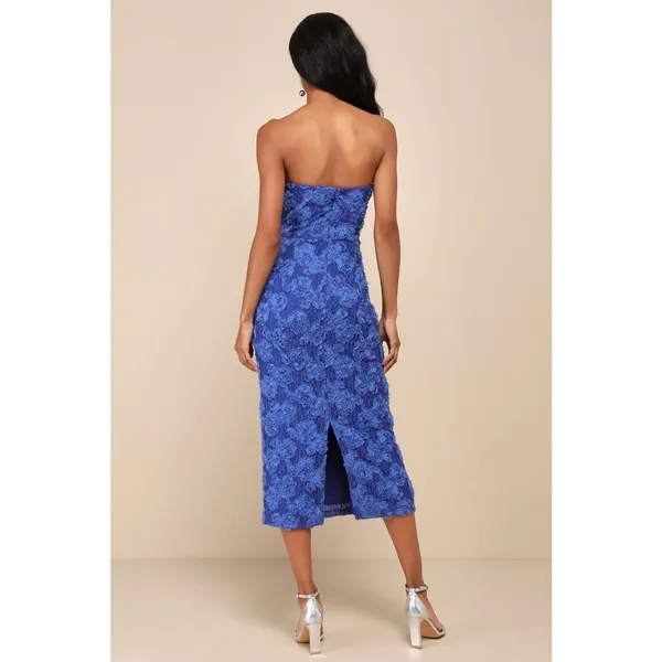 NWT Lulus Flawless Perfection Blue Floral Applique Strapless Midi Dress Gala L - Image 3