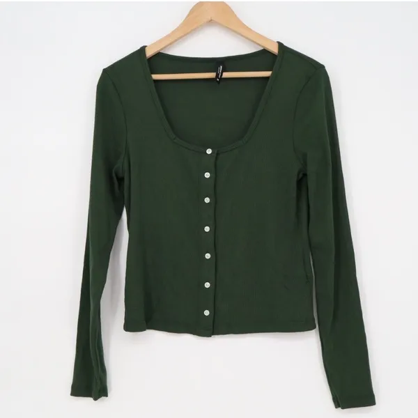 American Giant Ribbed Button Front Long Sleeve Top Green Size M - Image 2
