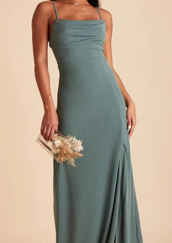 Birdy Grey Ash Crepe Sea Glass Bridesmaid Dress Party cowl neck slit floor length skinny spaghetti straps, invisible back zipper stretch crepe-L - Image 2